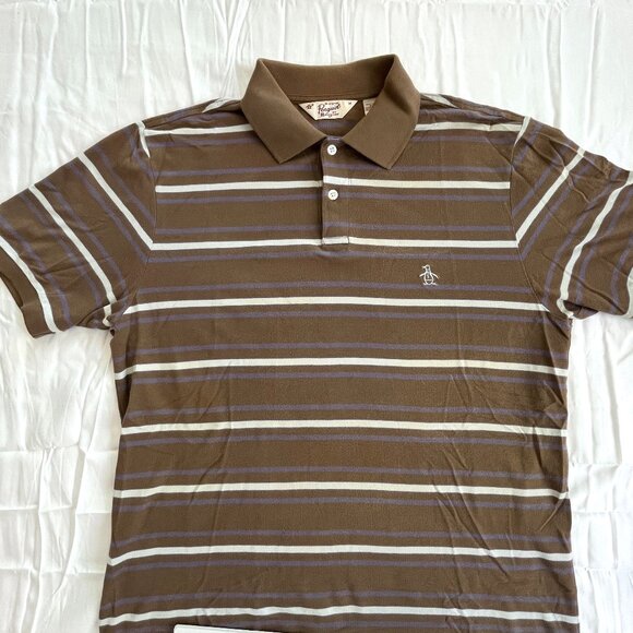 Penguin Polo Stiped Brown Short Sleeve Shirt Medium Y2K Cotton - Picture 4 of 11